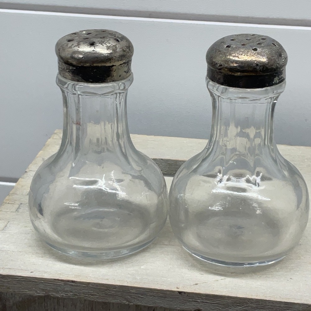 Vintage Ribbed Glass Salt and Pepper Shakers Set with Metal Lids 3.25 Inch